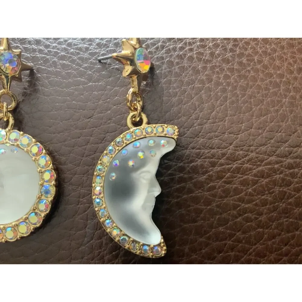 Sun Moon Star Earrings Face Mismatch Gold Deco Celestial Glass CZ Asymmetric